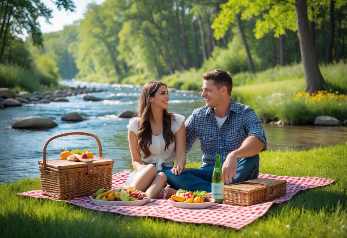 A young couple enjoying a picnic on a blanket by a river in a green park with trees and wildflowers.