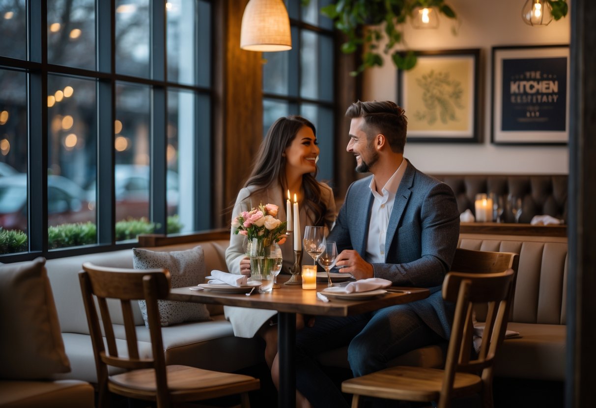 A couple enjoying a romantic dinner at a cozy restaurant table with warm lighting and tasteful decor.