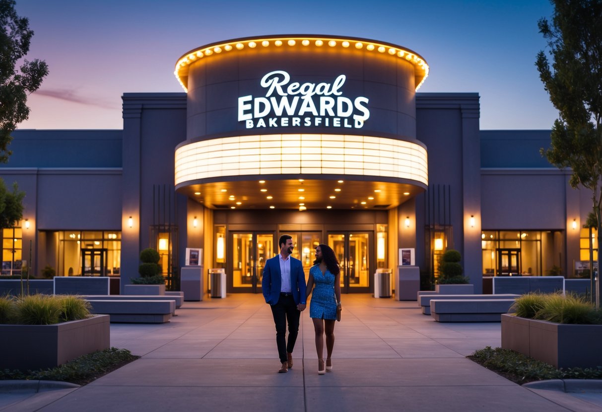 A couple walking hand-in-hand toward the entrance of a brightly lit movie theater at dusk.