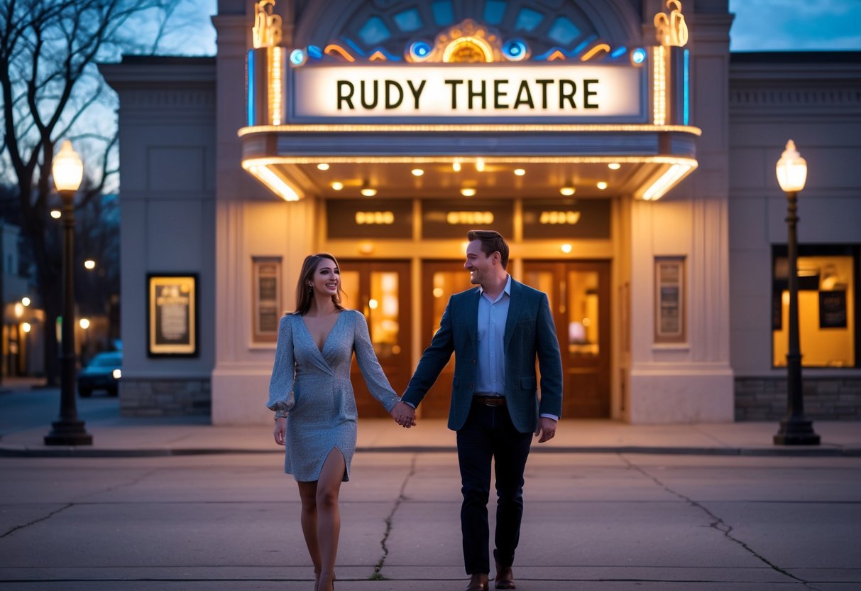 A couple holding hands and walking toward the entrance of a theatre at dusk.