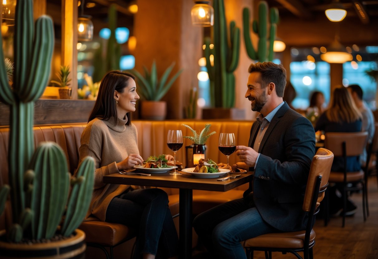A couple enjoying a romantic dinner at a warmly lit restaurant with southwestern decor.