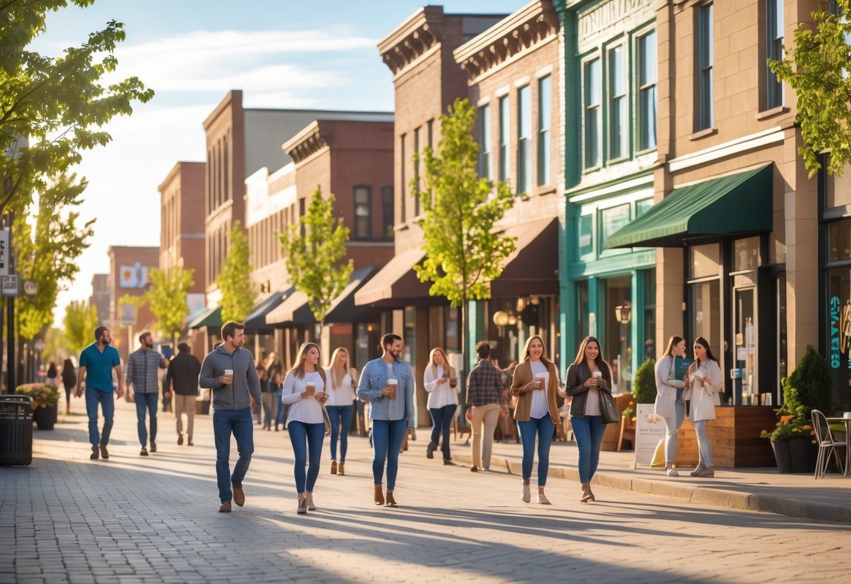 People enjoying coffee and walking on a sunny downtown Bismarck street with shops and trees.