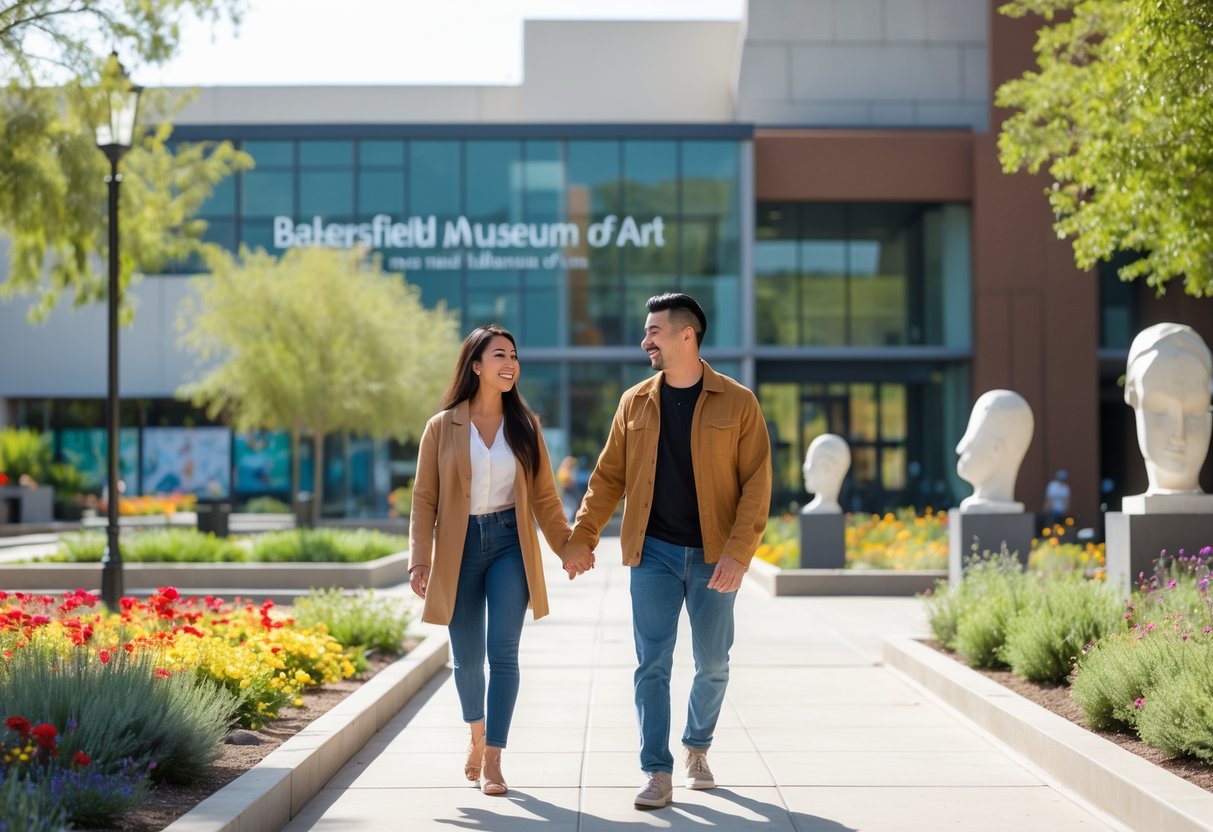 A young couple walking hand-in-hand outside a modern art museum surrounded by greenery and sculptures.