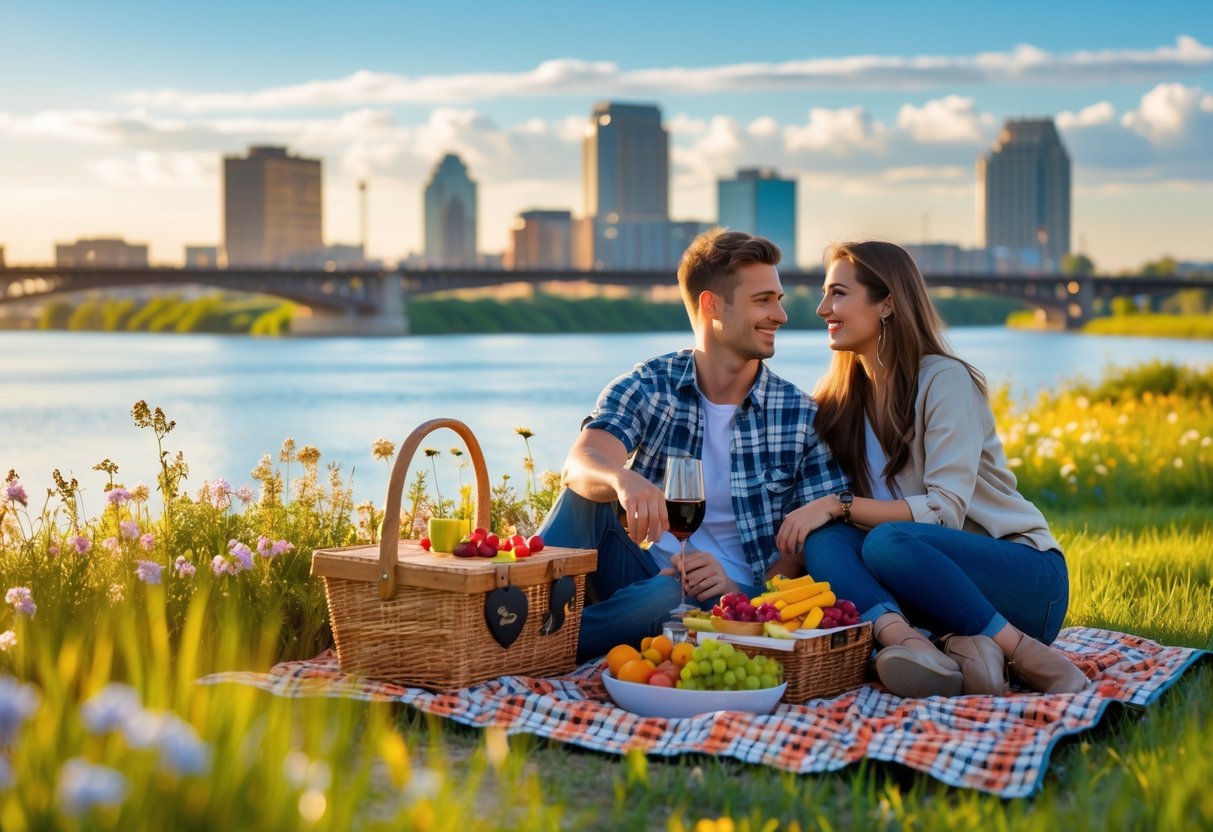A young couple enjoying a picnic near a river with the Bismarck city skyline in the background during sunset.
