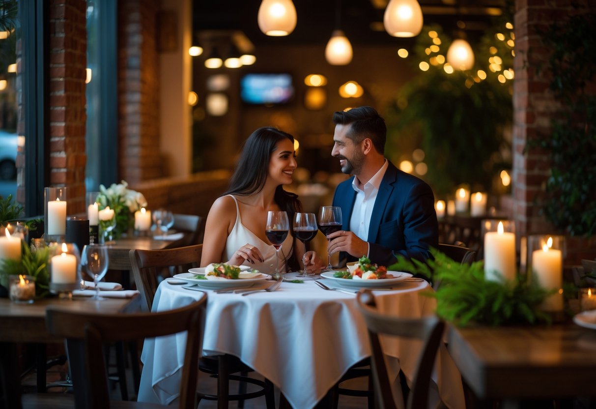 A couple enjoying a romantic dinner at a cozy restaurant with warm lighting and elegant table settings.