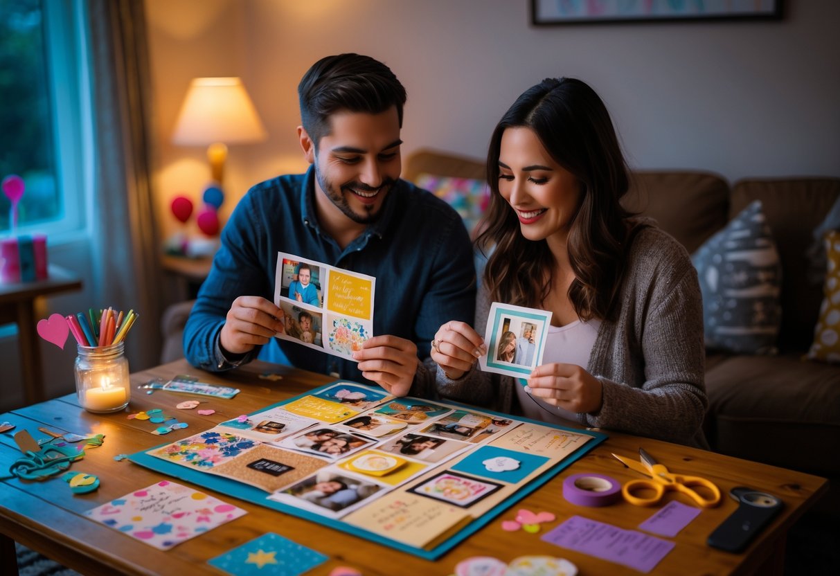 A couple sitting at a table together making a scrapbook with photos and craft supplies in a warmly lit room decorated for a birthday.