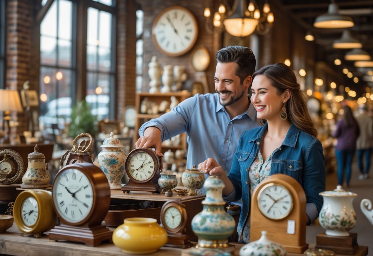 A couple browsing vintage items at an indoor antique market with wooden tables and brick walls.
