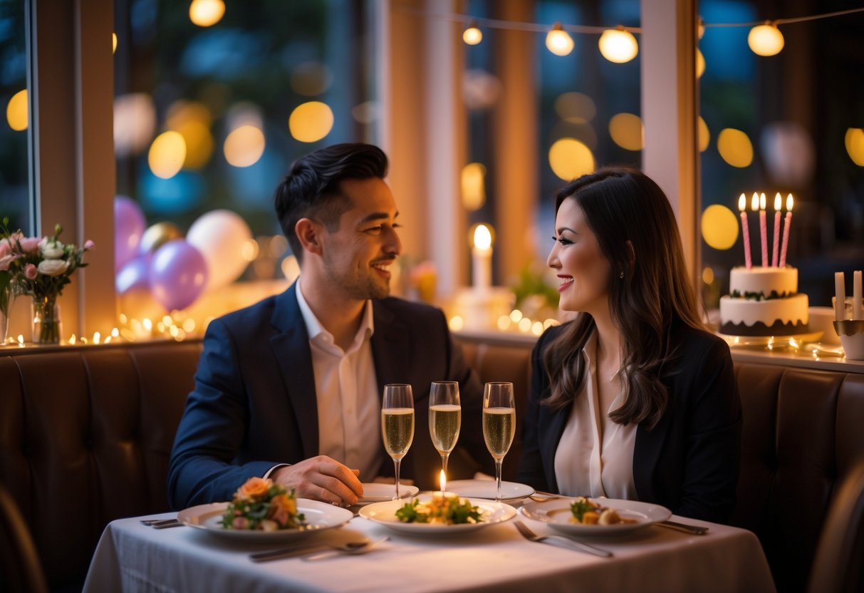 A couple enjoying a cozy birthday dinner at a small, decorated table with a candle and flowers.