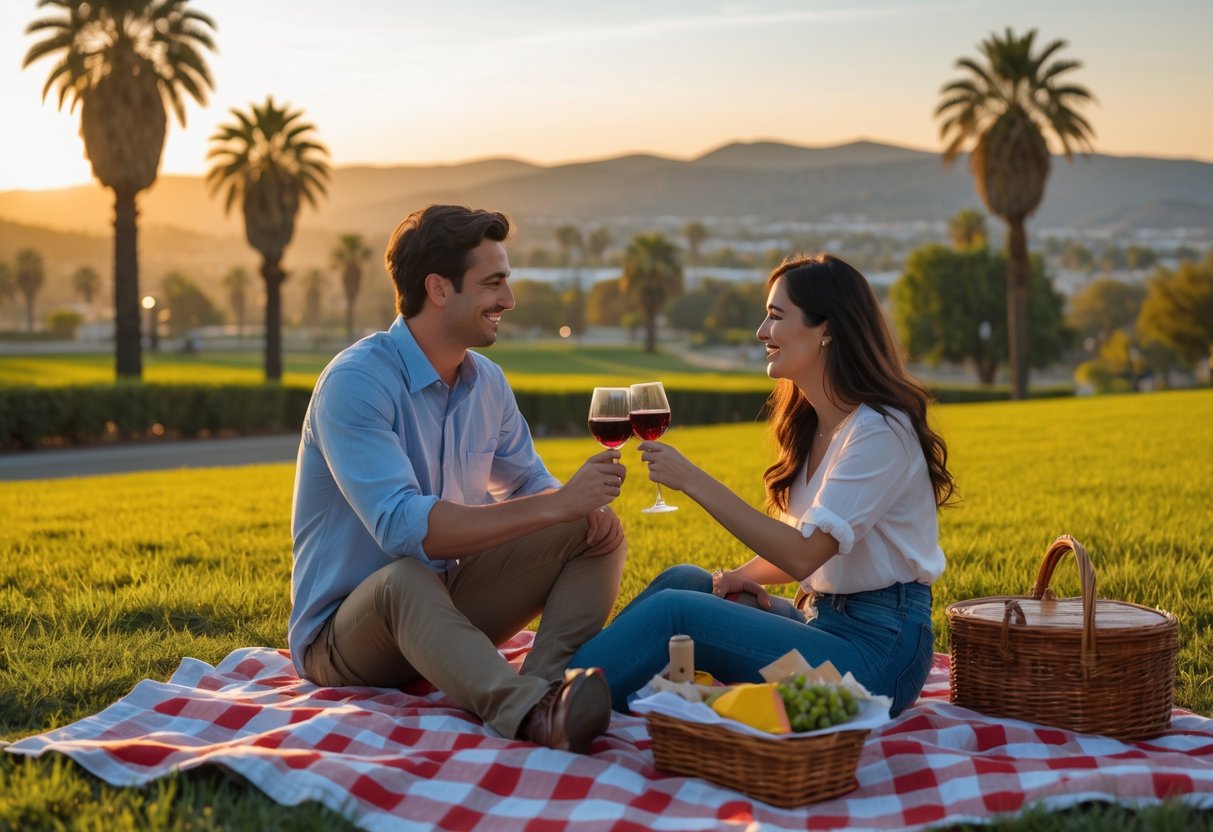 A young couple sharing a picnic at sunset in a park with hills and palm trees in the background.