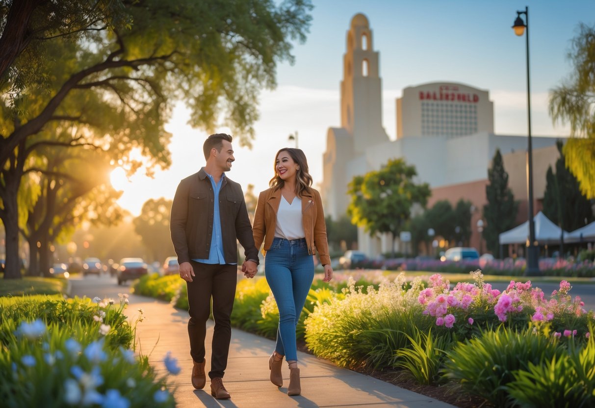 A smiling couple walking hand-in-hand through a sunny park with greenery and city landmarks in the background.