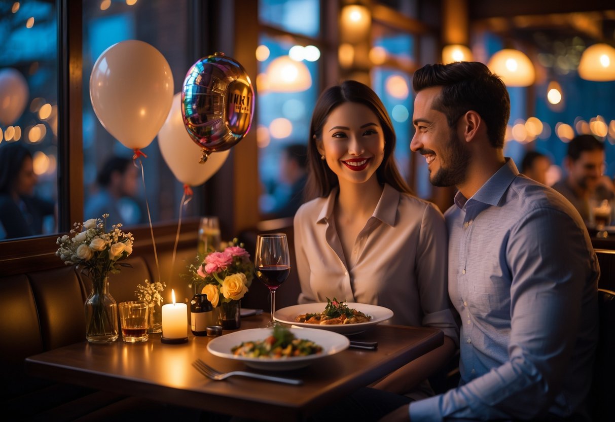 A couple enjoying a romantic birthday dinner at a cozy restaurant with candlelight and decorations.