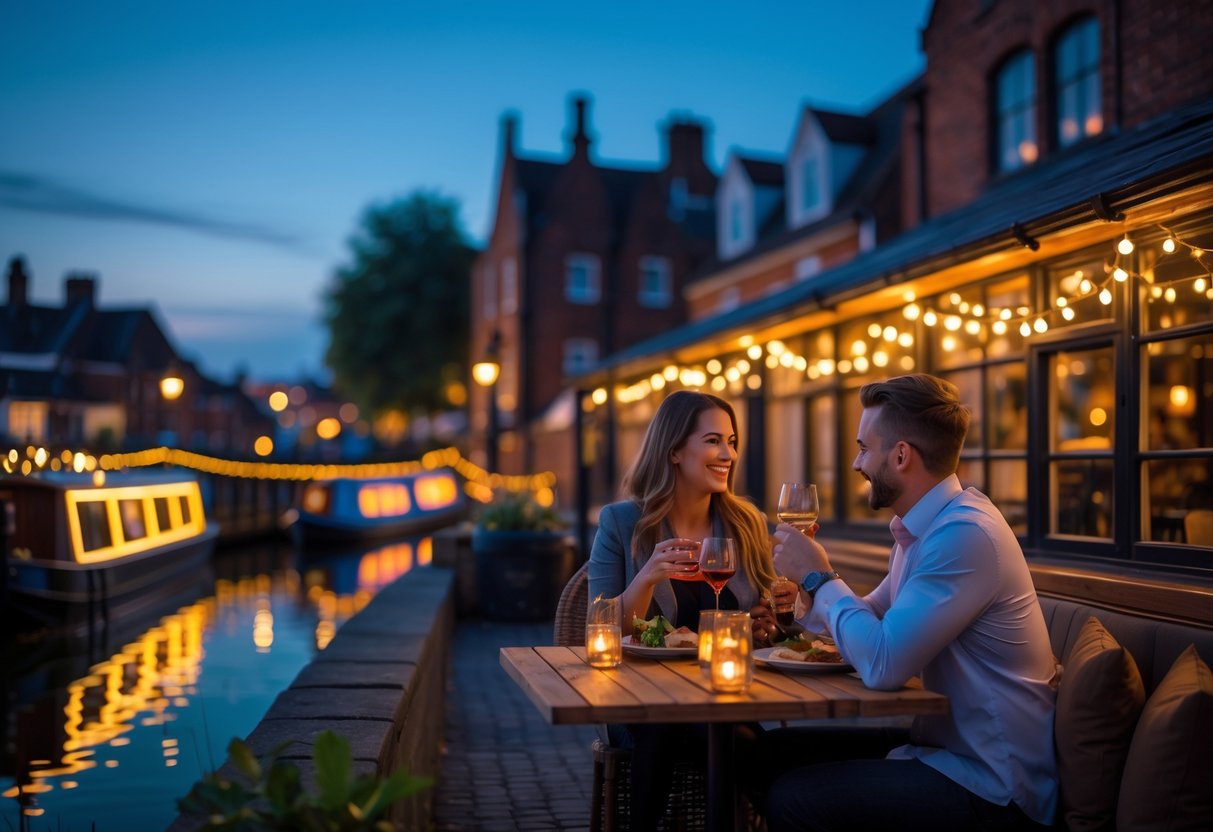 A couple enjoying a romantic dinner by the canals in Birmingham, UK, with historic buildings and boats lit up in the evening.