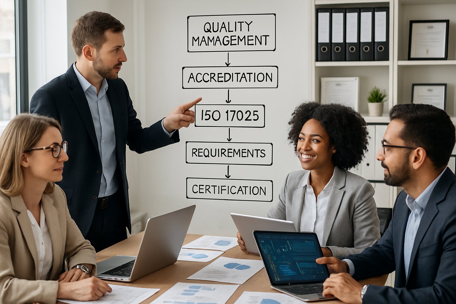 A group of professionals collaborating around a table with documents and laptops, discussing a flowchart on a glass board in a modern office discussing ISO 17025 scope of accreditation