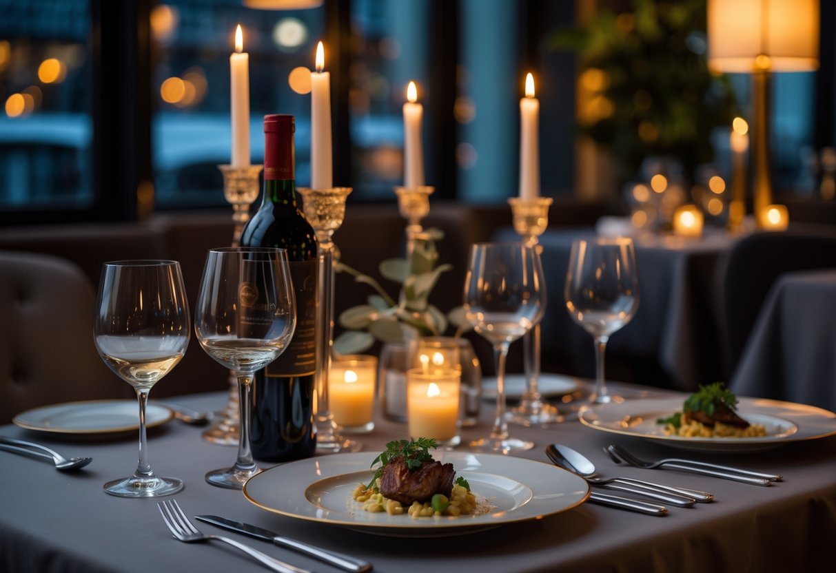 A romantic candlelit dinner table set for two with wine and gourmet food in a modern restaurant.