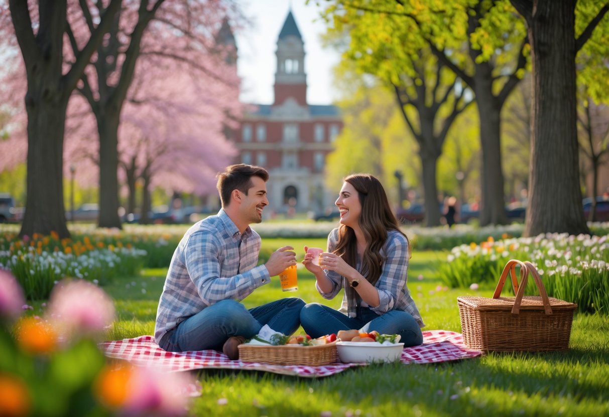 A young couple enjoying a picnic together in a green park with blooming flowers and trees, with university buildings visible in the background.