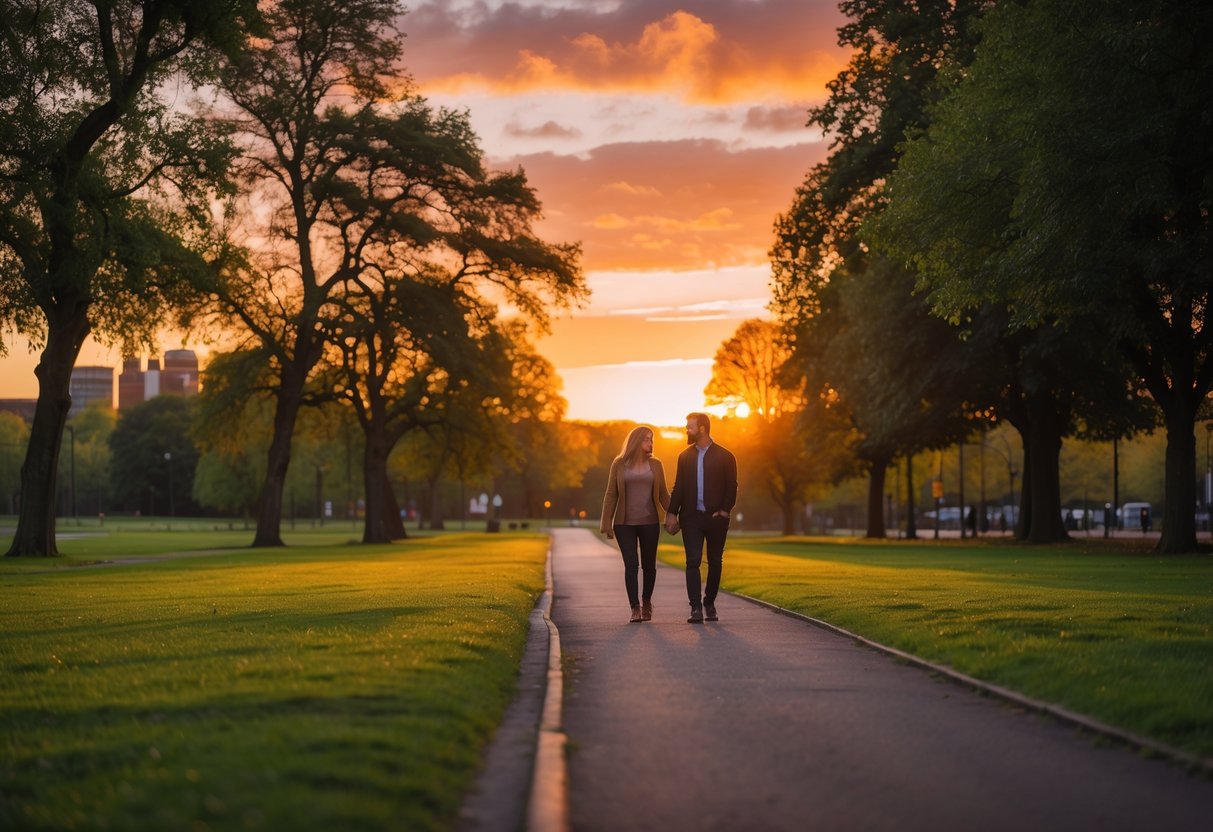 A couple walking hand-in-hand along a path in a green park at sunset with city buildings in the background.