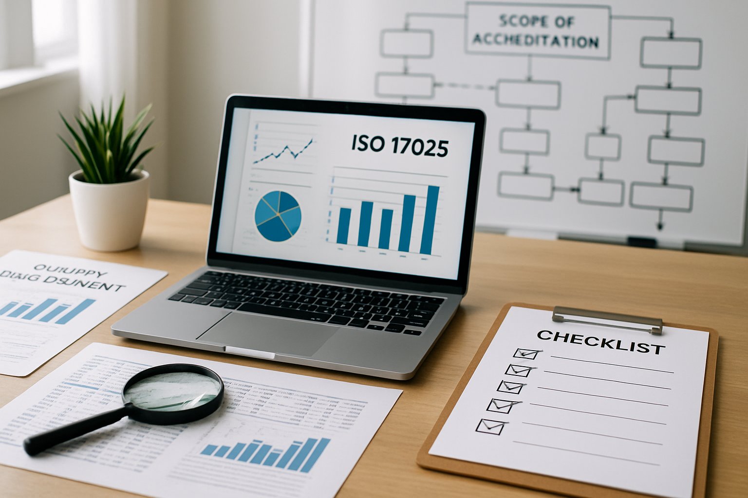 A modern office desk with a laptop, printed reports, a magnifying glass, and a whiteboard showing flowcharts related to ISO 17025 scope of accreditation processes. 