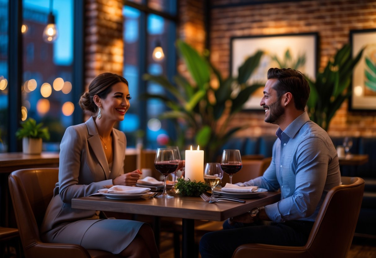 A couple enjoying a romantic dinner together at a cozy cafe table with warm lighting.