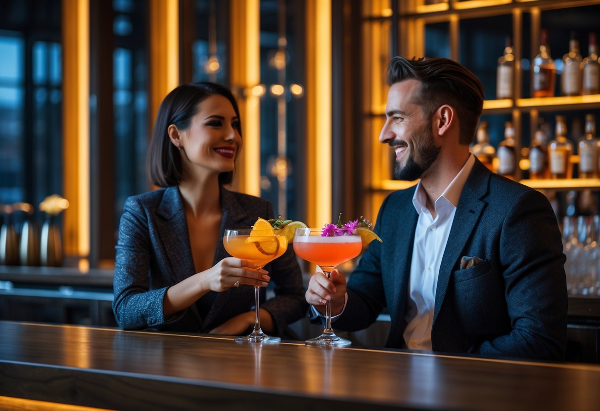 A couple enjoying cocktails together at a stylish bar during a date night.