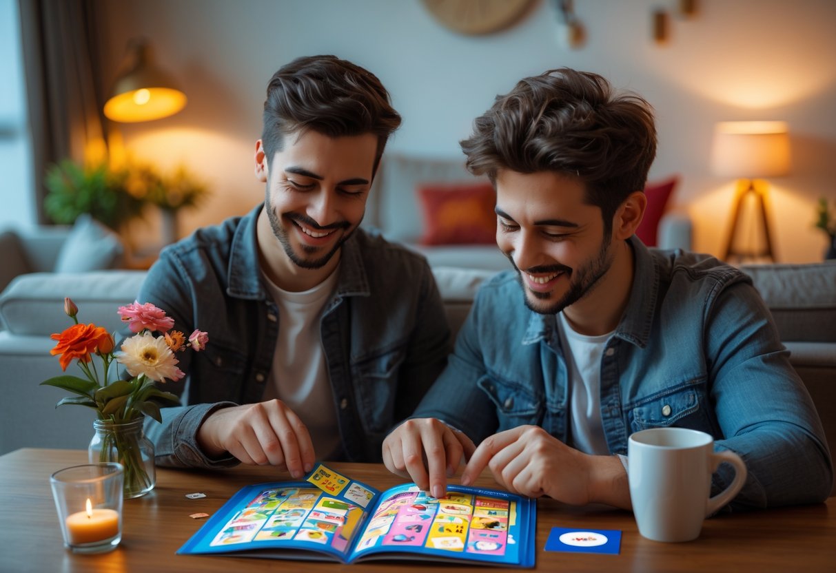 A young couple sitting at a table, smiling and scratching off a card from a date ideas book in a cozy living room.