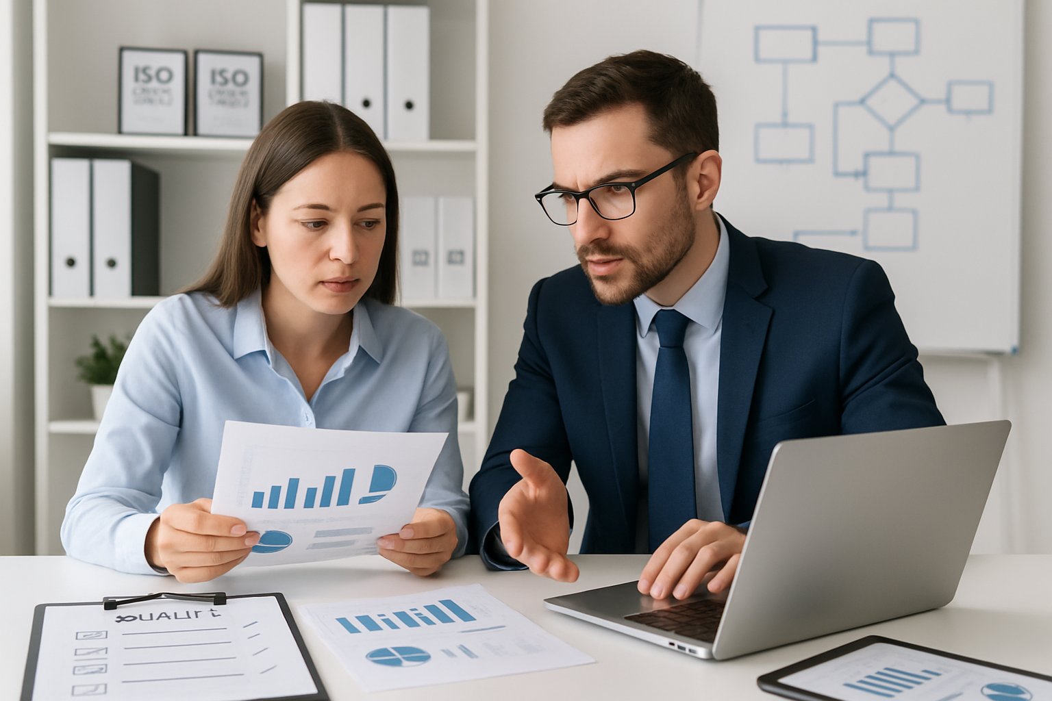 Two professionals discussing documents and charts in a modern office with accreditation-related materials around them discussing ISO 17025 scope of accreditation.