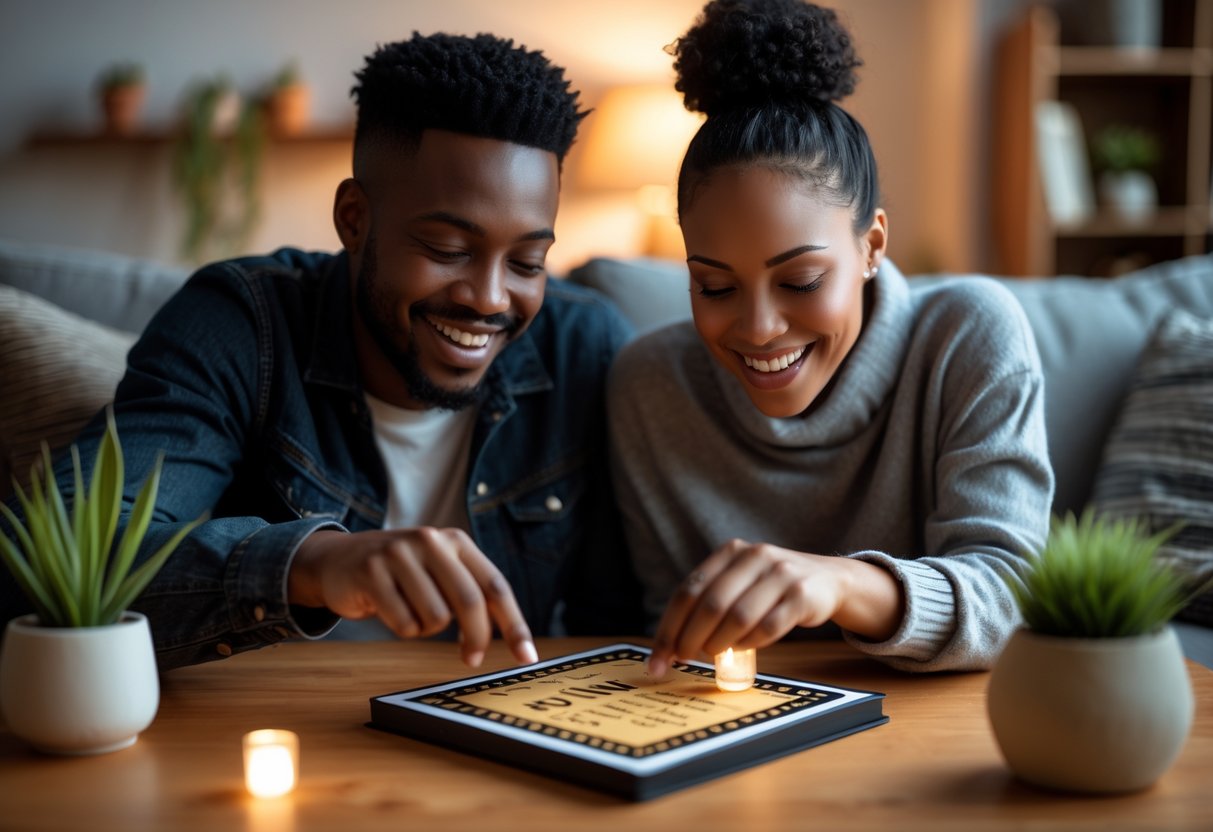 A couple sitting at a table enjoying a scratch-off date book together in a cozy living room.