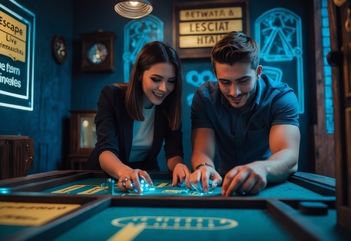 A young couple working together to solve puzzles in an escape room during a date night.