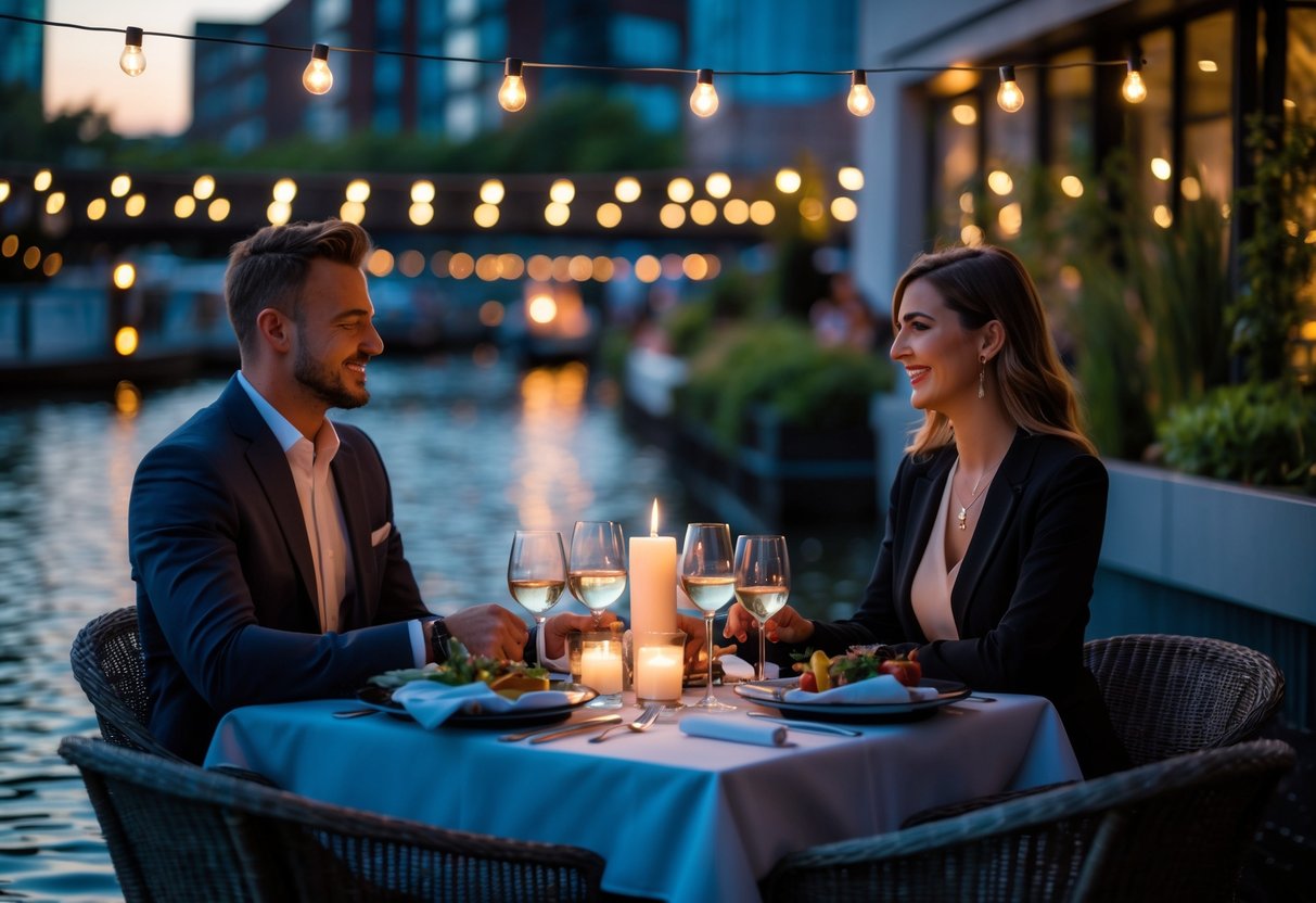 A couple dining outdoors by the water at Brindleyplace in Birmingham during the evening.