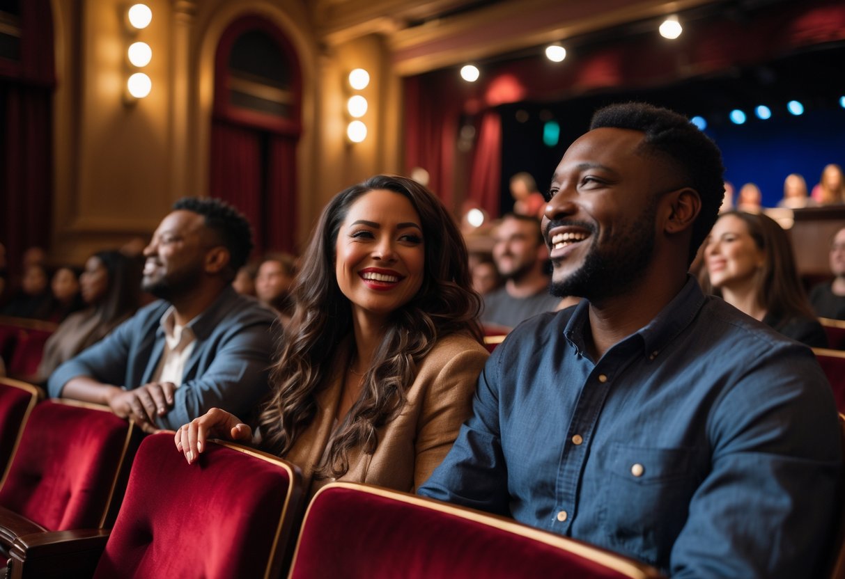 A couple sitting together in a theater audience, watching a live play on stage.
