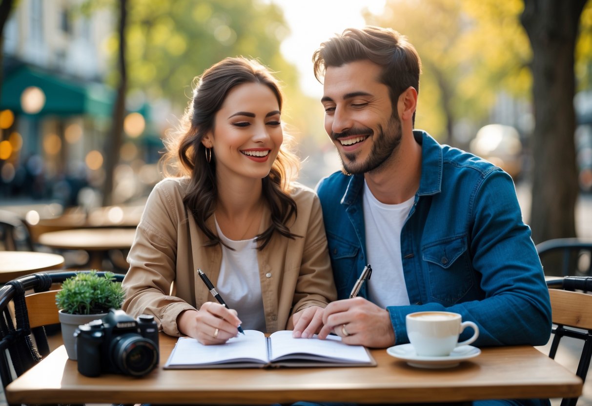 A happy couple sitting at an outdoor cafe table, smiling and planning their date ideas together.