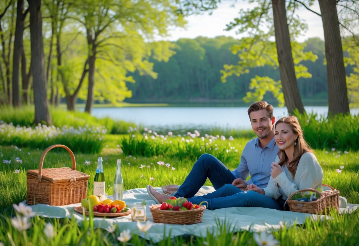A young couple enjoying a picnic by a lake surrounded by trees and blooming wildflowers.