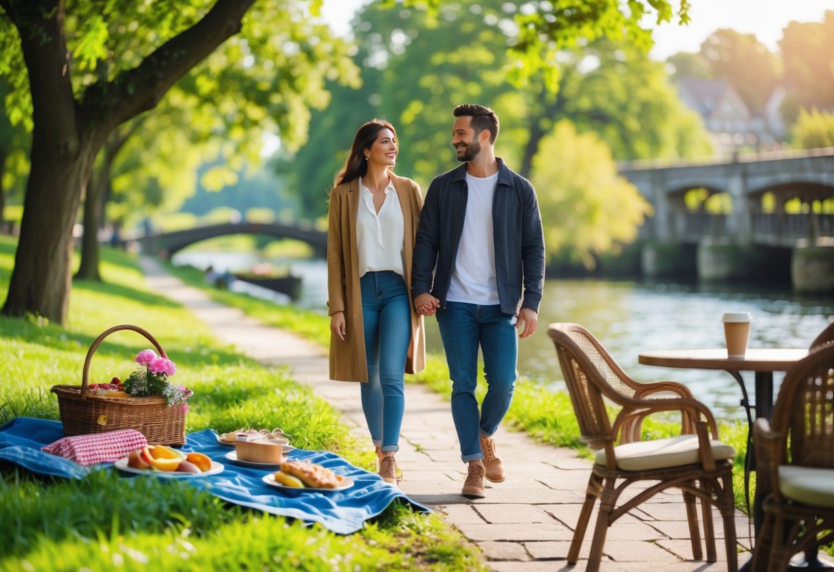 A happy couple enjoying a picnic in a park, walking hand in hand by a river, and sitting at an outdoor cafe table.