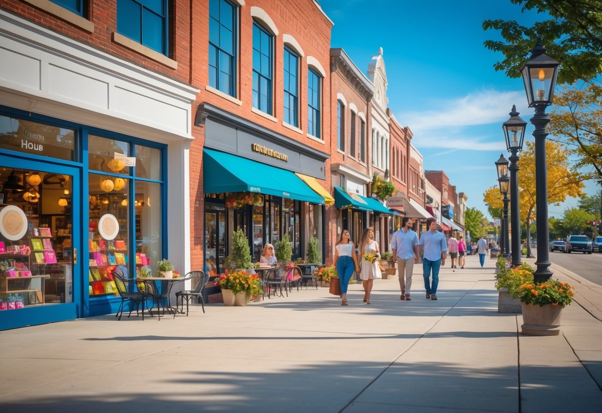Couples and people walking along a sunny downtown Bloomington street with shops and cafes.
