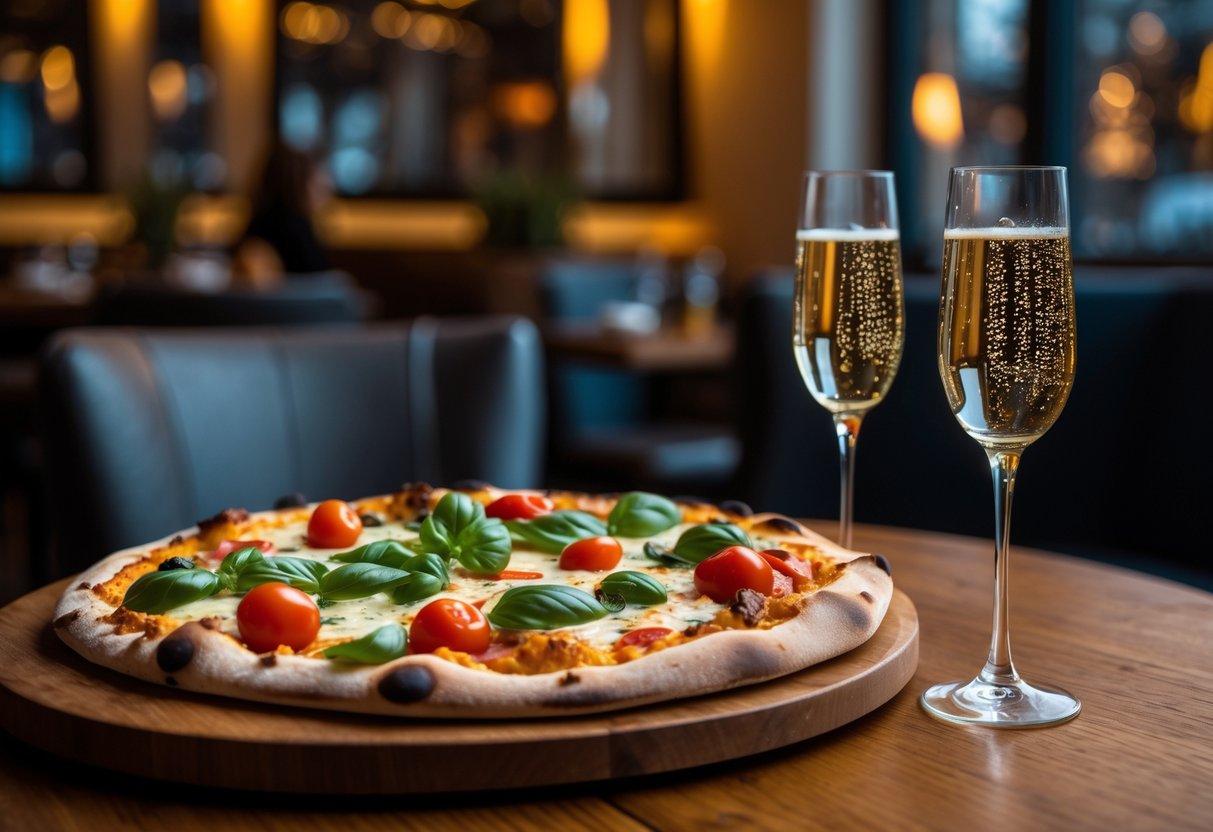A table set for two with a pizza and two glasses of prosecco in a cozy restaurant setting.