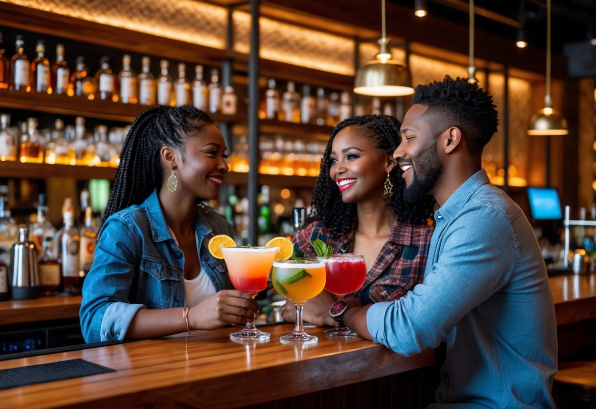 A couple enjoying cocktails together at a cozy bar with warm lighting and wooden decor.