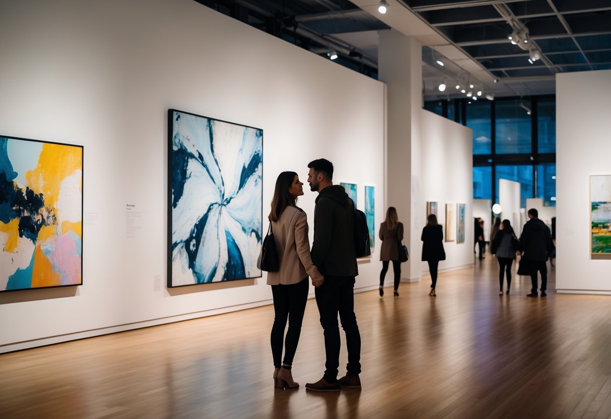 A couple admiring artwork inside a modern art gallery with other visitors in the background.