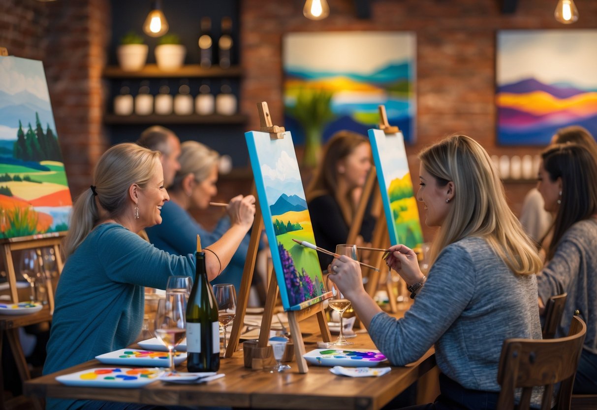 A group of adults painting on canvases around tables with wine glasses in a cozy art studio.