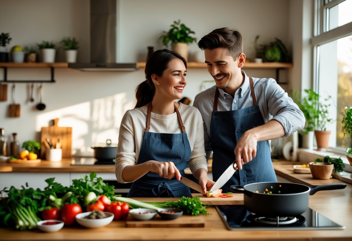 A young couple cooking together in a bright kitchen, smiling and preparing a meal with fresh ingredients.