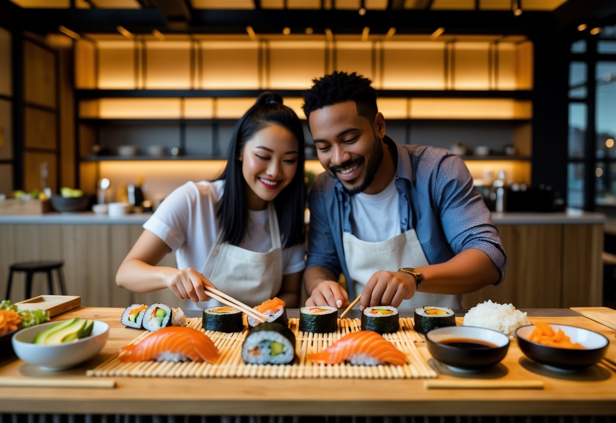 A couple making sushi together at a sushi bar in a restaurant.