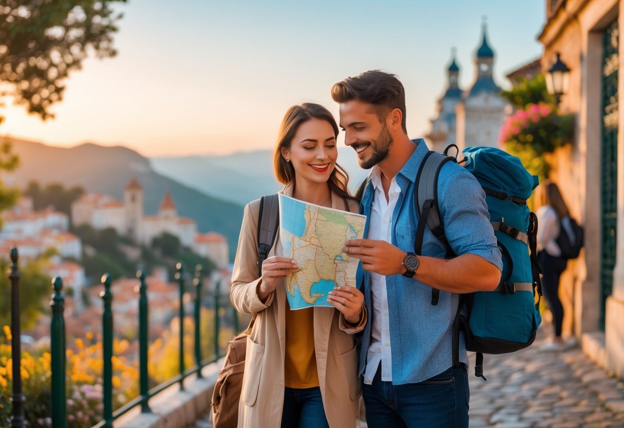 A couple enjoying a romantic moment outdoors while exploring a scenic travel destination together.