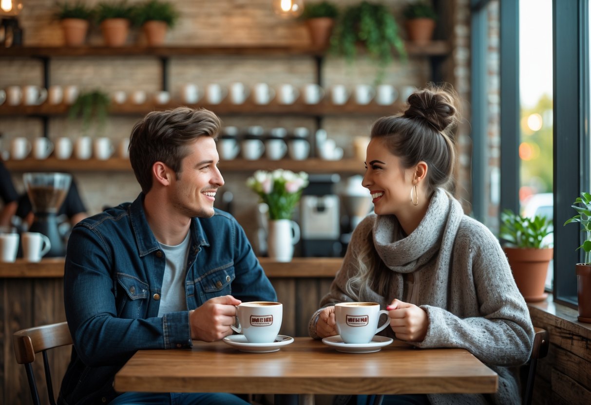 A young couple smiling and talking while enjoying coffee at a cozy coffee house table near a window.