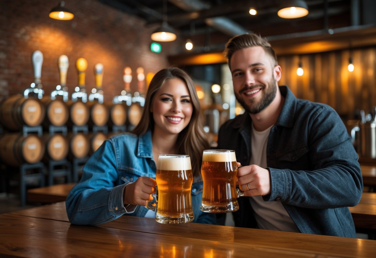 A young couple smiling and toasting with craft beers inside a cozy brewery with wooden tables and warm lighting.