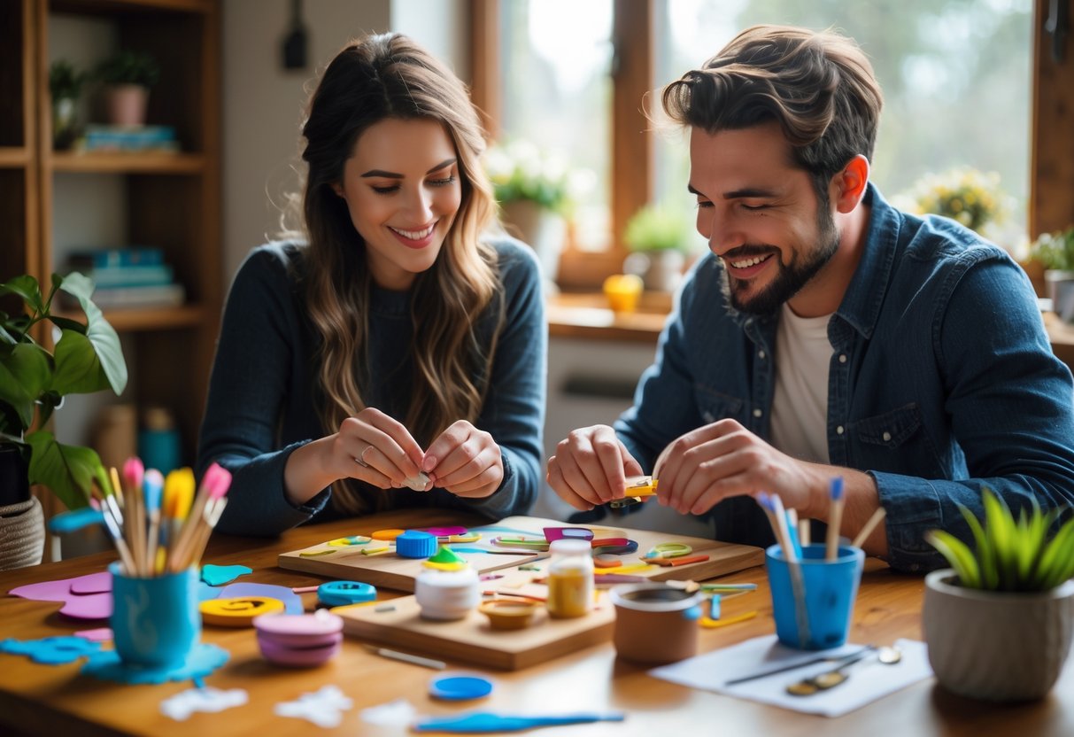 A couple working together on a DIY craft project at a table filled with art supplies in a cozy home setting.
