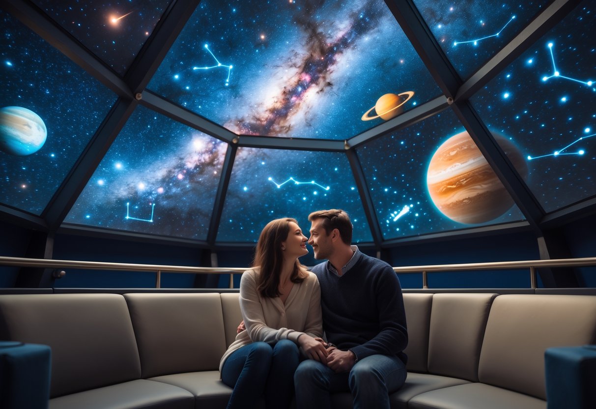 A couple sitting together inside a planetarium, looking up at a star-filled sky projected above them.