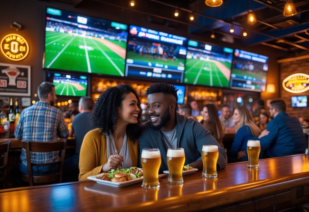 A couple enjoying drinks and watching a sports game on TVs inside a busy sports bar.