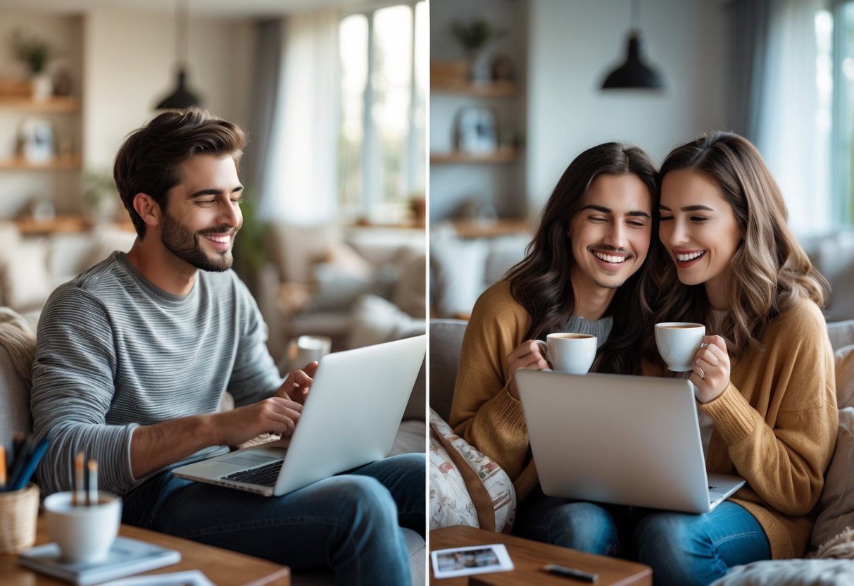 Two people in separate cozy rooms smiling and video calling each other on laptops, sharing a virtual date.