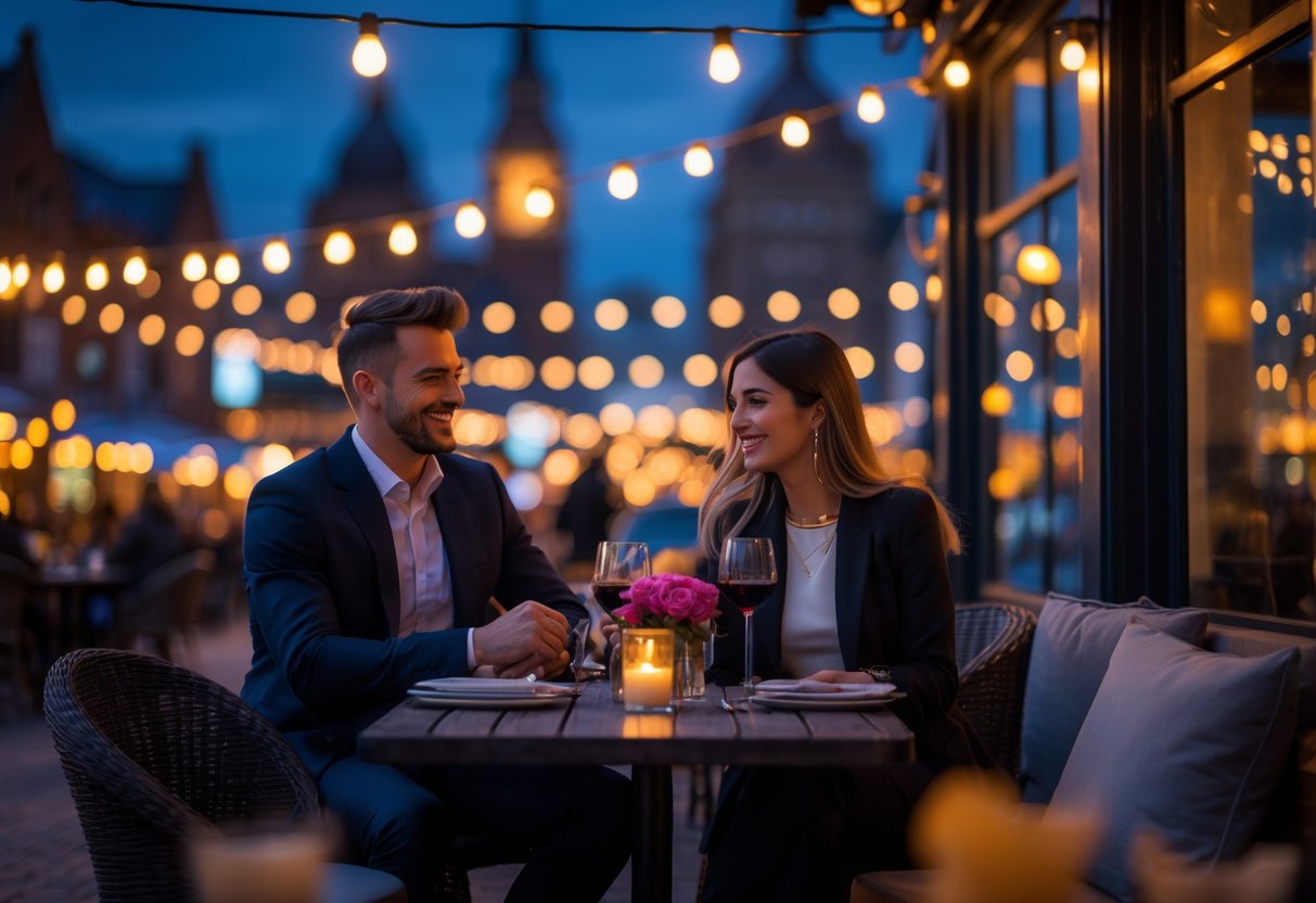 A couple enjoying a romantic dinner outdoors at night in Birmingham with city lights and landmarks in the background.