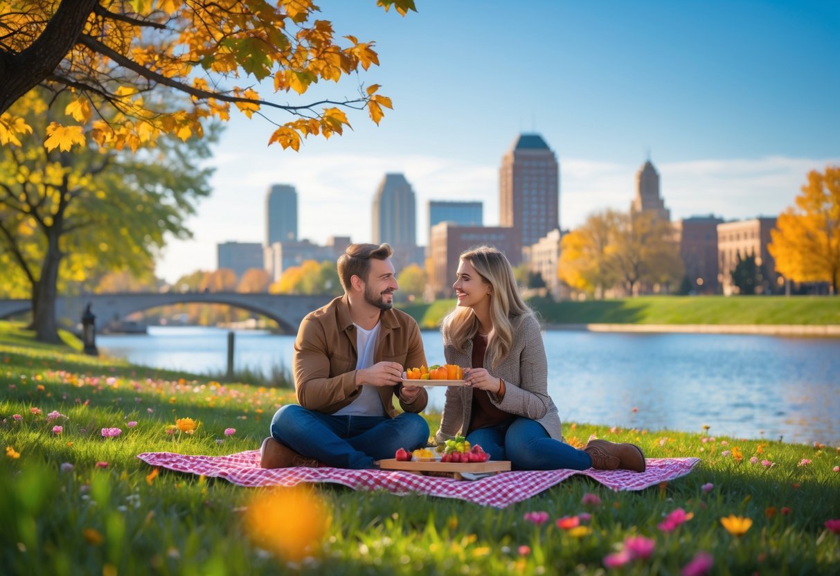 A couple enjoying a picnic in a green park with flowers and trees, under a clear sky, with a lake and city buildings in the background.