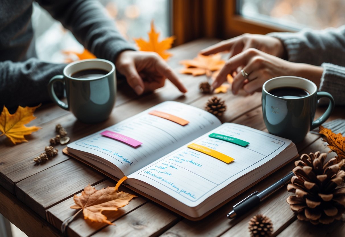 A cozy table with an open planner surrounded by seasonal decorations and two coffee mugs, with a couple’s hands near the planner.