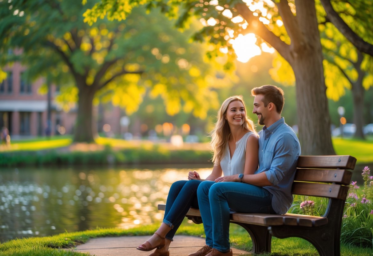 A young couple sitting on a bench by a lake in a park, smiling and enjoying a sunny day together.